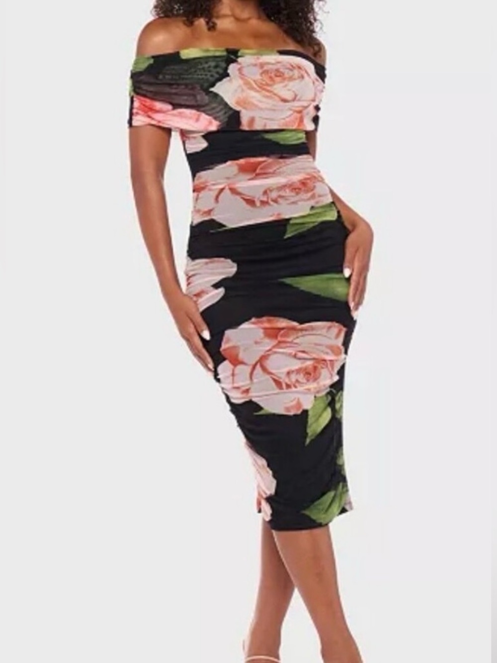 NWT B Darlin Black Off-Shoulder Midi Dress with Pink Rose Print